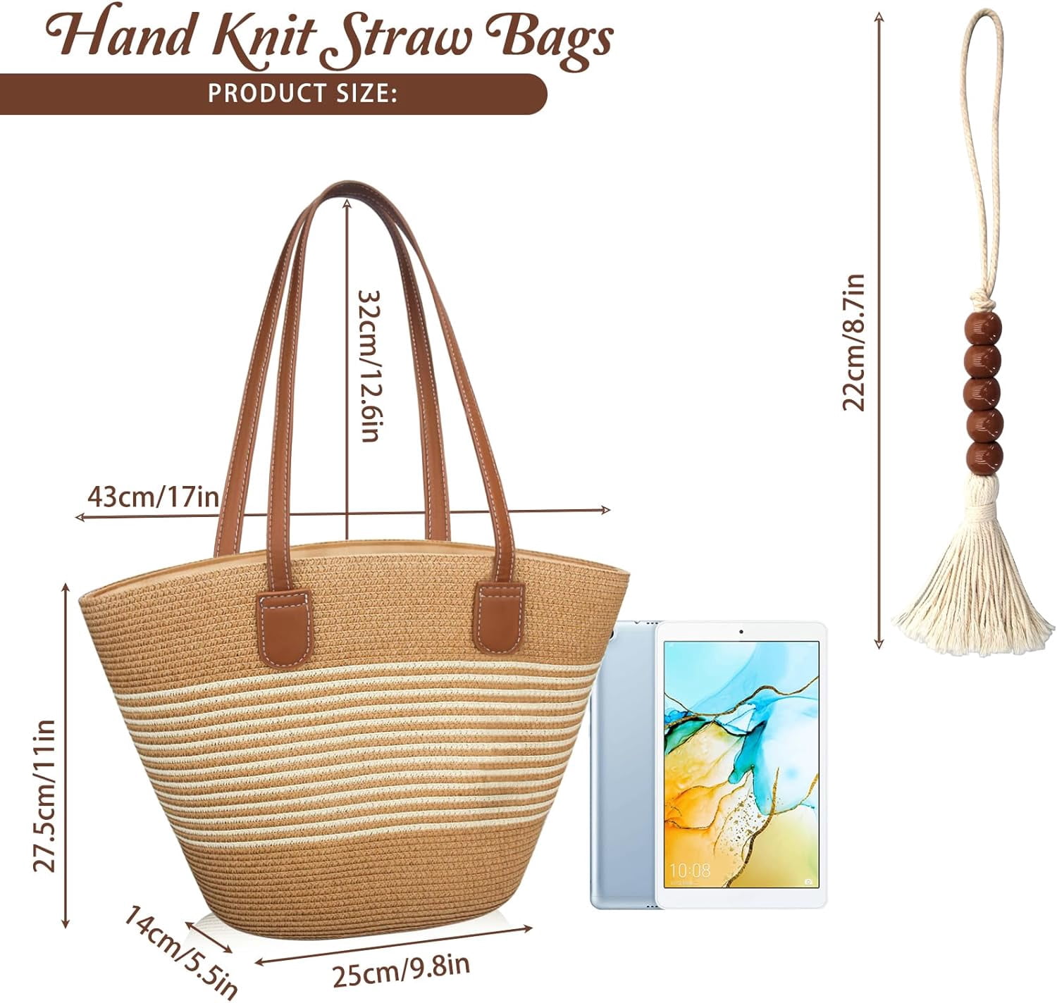 Straw Beach Tote Bag for Women, Large Woven Purse with Zipper for Summer Travel, Beach Vacation Shoulder Bag
