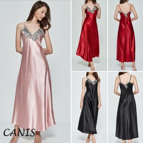 Women V-neck Satin Silk Lace Lingerie Pajama Night Dress Nightgown Sleepwear