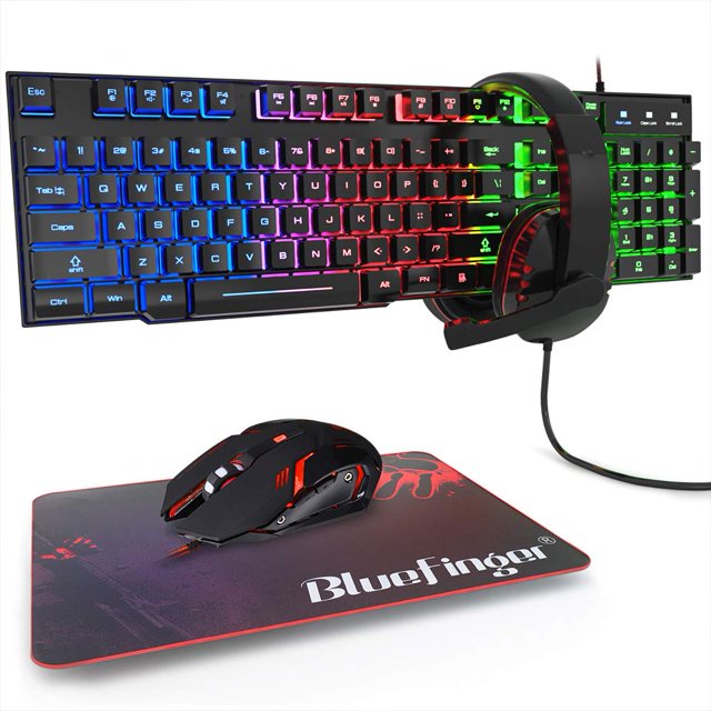 BlueFinger Clavier de Jeu RGB et Souris Rétroéclairée et Combo Casque, Clavier Rétroéclairé Filaire USB, Ensemble Clavier et Souris de Jeu LED, Casque avec Microphone pour Ordinateur Portable PC Jeu et Travail