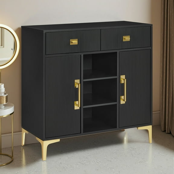 Barber Entryway Storage Cabinet with 2 Drawers and 2 Doors, 2 Open Shelves, Wood Accent Cabinet for Living Room, Black