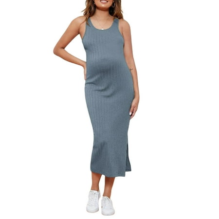 

Women s Maternity Dress Solid Color Sleeveless Crew Neck Knit Dress Midi Tank Dress Summer Pregnancy Dress