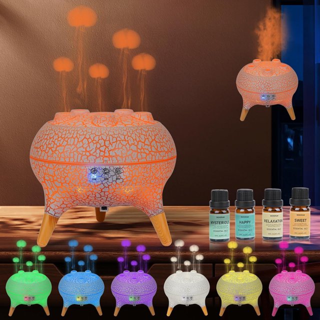 BOHOFAM Essential Oil Jellyfish Diffuser 280ML,2 Modes of Flame and Jellyfish humidifier,Spray Mist When Hearing Sound,Diffusers for Home, 4 Essential Oils-Mysterious, Relaxation, Sweet, Happy (White)