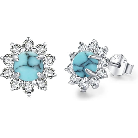 Divine Creation 2.20 Ct Round Cut Turquoise Flower Push Back Stud Earrings For Womens 14K White Gold Plated 925 Sterling Silver
