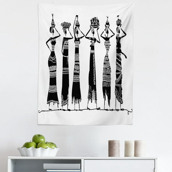 African Tapestry, Sketch of Local Women Jugs Silhouettes Patterned Dresses, Fabric Wall Hanging Decor for Bedroom Living Room Dorm, 5 Sizes, Black and White, by Ambesonne