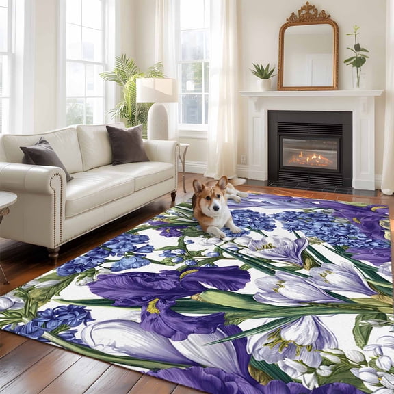 Spring Flower Large Area Rugs 5x8 ft Retro Blue Hydrangea Purple White Floral Green Leaf Washable Rug Non Slip Indoor Carpet Absorbent Floor Mat for Living Room Bedroom Dining Room