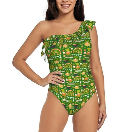 Rateoe traditional Irish colours Pattern Women One Piece Swimsuits Tummy Control One Shoulder Bathing Suits Ruffle Swimwear-Large