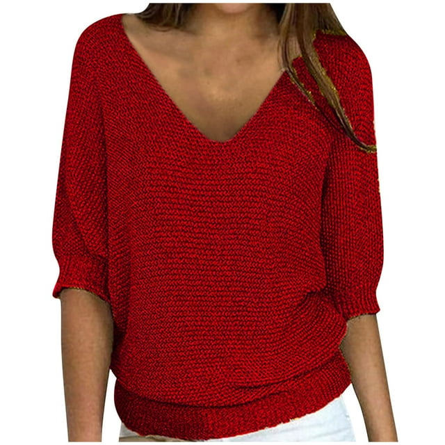 BLVB Women's Casual 3/4 Sleeve Sweaters Solid Color Plunge V Neck Loose Pullover Knit Spring Fall Tops
