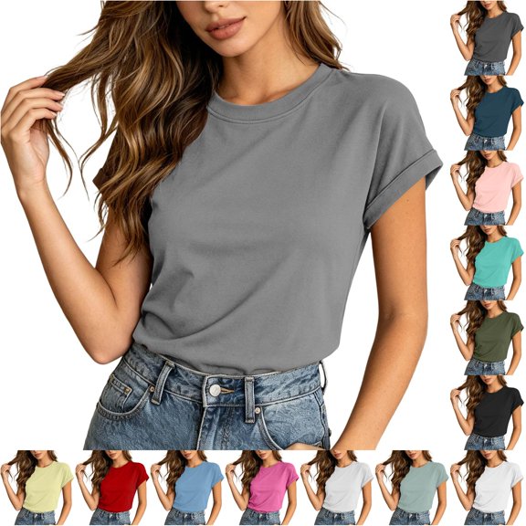 Trendfront Womens Short Sleeve Crewneck T Shirts Plain Solid Color Basic Tee Minimalist Slim Fit Sleeve Summer Casual Layering Tops