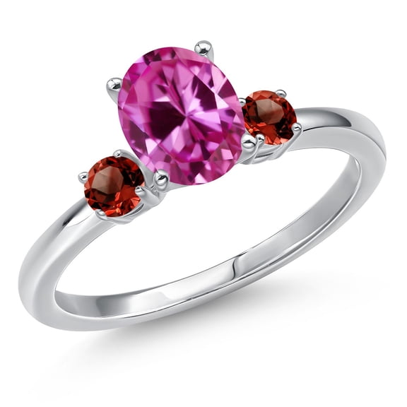 Gem Stone King 14K White Gold Pink Created Sapphire and Red Garnet Engagement Ring for Women | 1.95 Cttw | Oval 8X6MM | Gemstone September Birthstone | Size 8