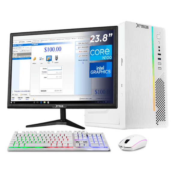 Computadora Escritorio Completa Xtreme PC Gaming Intel N100 16GB SSD 500GB Monitor 23.8 75Hz WIFI White ideal para punto de venta, trabajo administrativo y uso diario