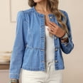 thumbnail image 5 of Sewkxo Women's Peplum Denim Jackets Collarless Round Neck Button Down Cropped Ruffle Hem Jacket,Blue 2XL, 5 of 7