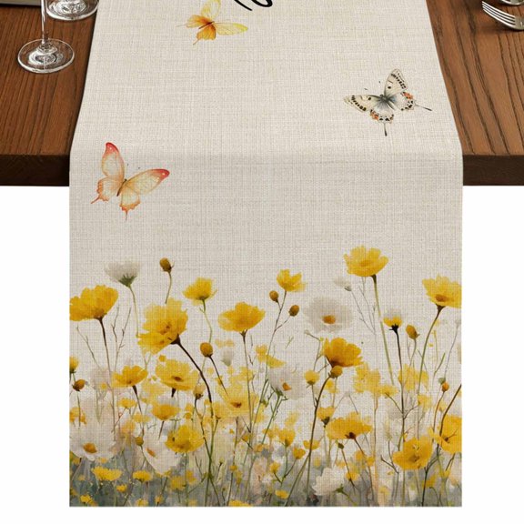 Table Runners 72 Inches Long Dress Scarves, Spring Yellow Floral Farmhouse Kitchen/Dining Table Runner, Coffee Tablerunners, Farmhouse Country Flower Butterfly on Linen 16x72 Inch
