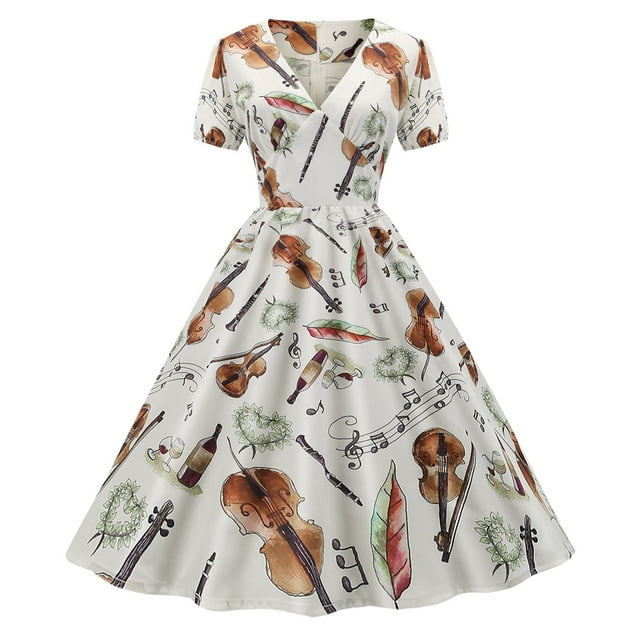 Pompotops Robe d'Été pour Femme à Manches Courtes, Col en V, Imprimé Vintage, Robe Évasée de Soirée