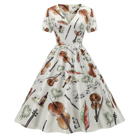 

Juebong Women s Summer Fashion Short Sleeve V Neck Vintage Print Party Swing Dress