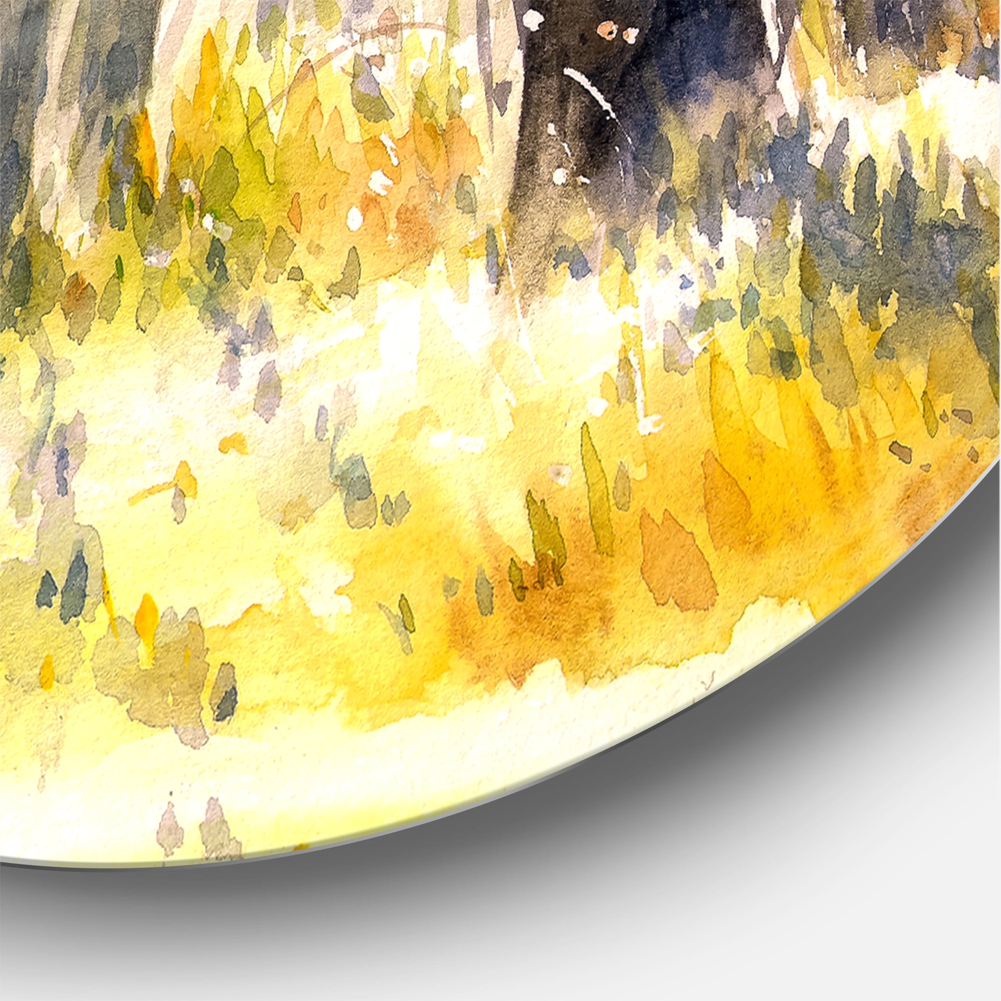 Designart 'Bright Sunshine Through The Yellow Forest Trees I' Traditional Circle Metal Wall Art 11x11 - Disc of 11