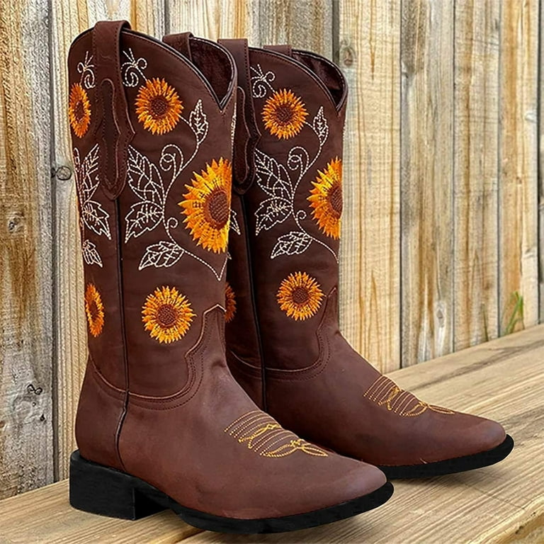 Women s Sunflower Printed Western Boots Cowgirl Round Toe Short Boots Embroidered Boots Walmart