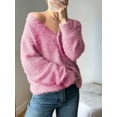 thumbnail image 6 of Fuzzy Cardigan Sweaters for Women V Neck Button Down Soft Knit Sweater Long Sleeve Cardigan Sweater Coat Pink L, 6 of 8