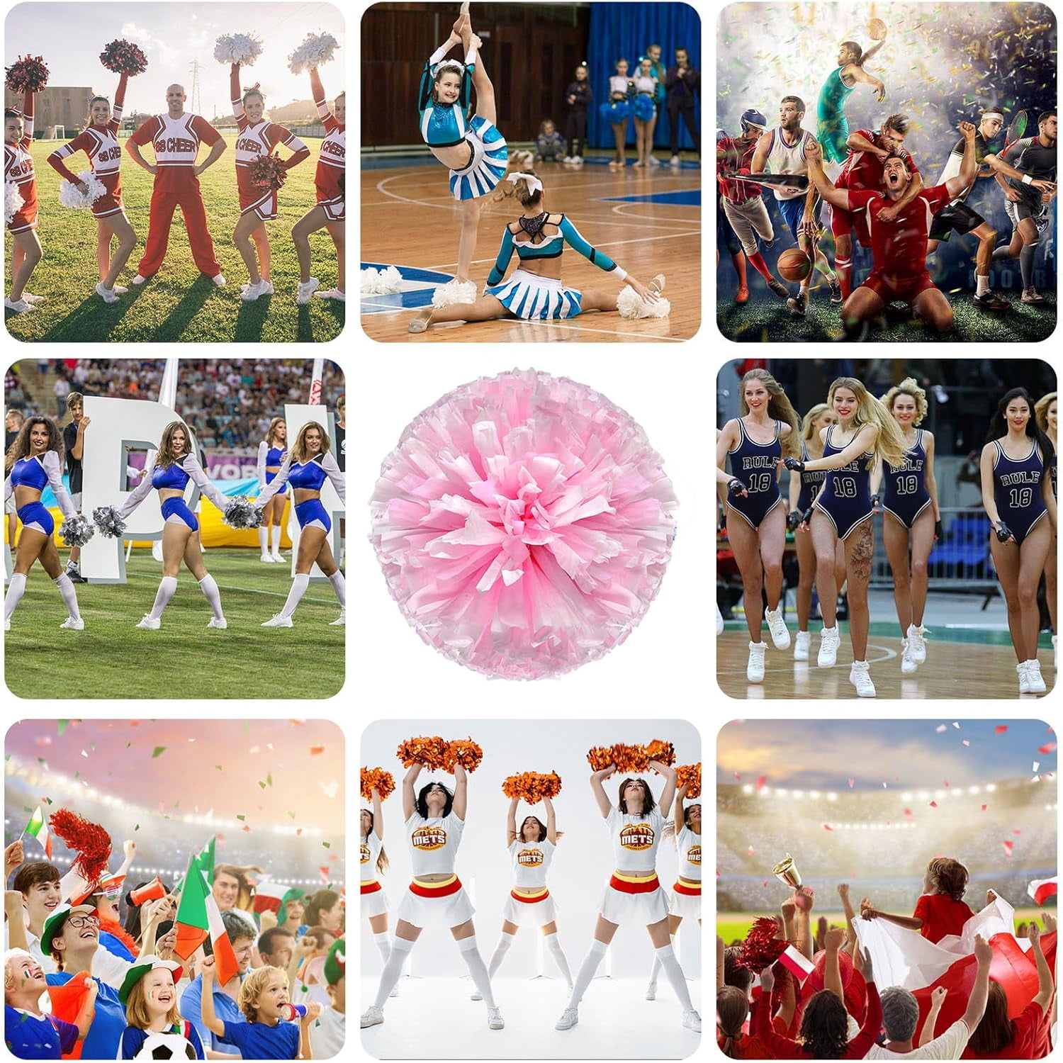 8 Pack Cheerleading pom poms,Cheer pom poms Sports Dance Cheer Plastic Pom Poms Cheerleading for Sports Team Spirit Cheering (Blue+Pink+White)