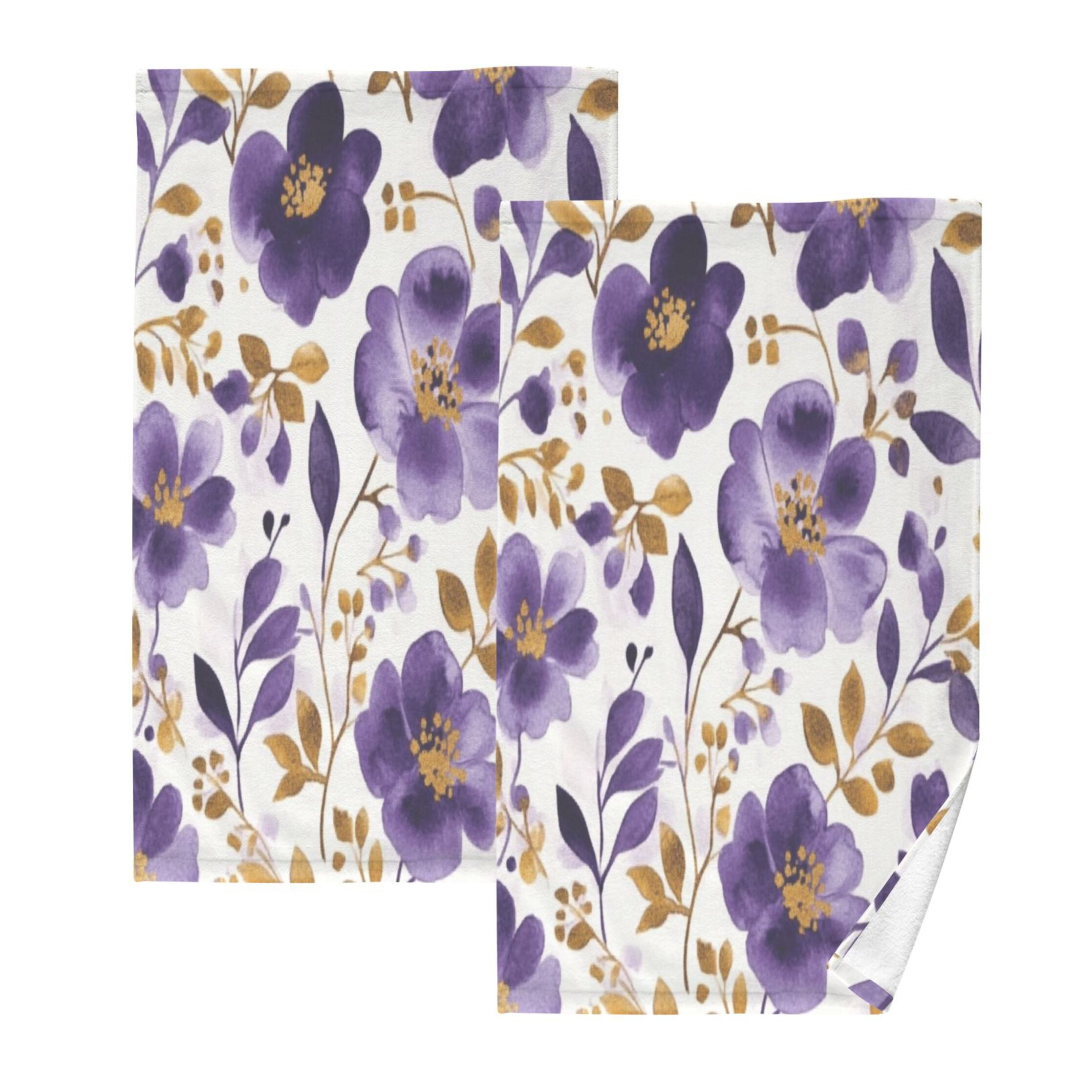 2 Pcs Absorbent Face Towel Bath Hand Towels Soft Breathable Cotton Towel Set for Bathroom Kitchen Hotel Spa Decor Purple and Gold Floral