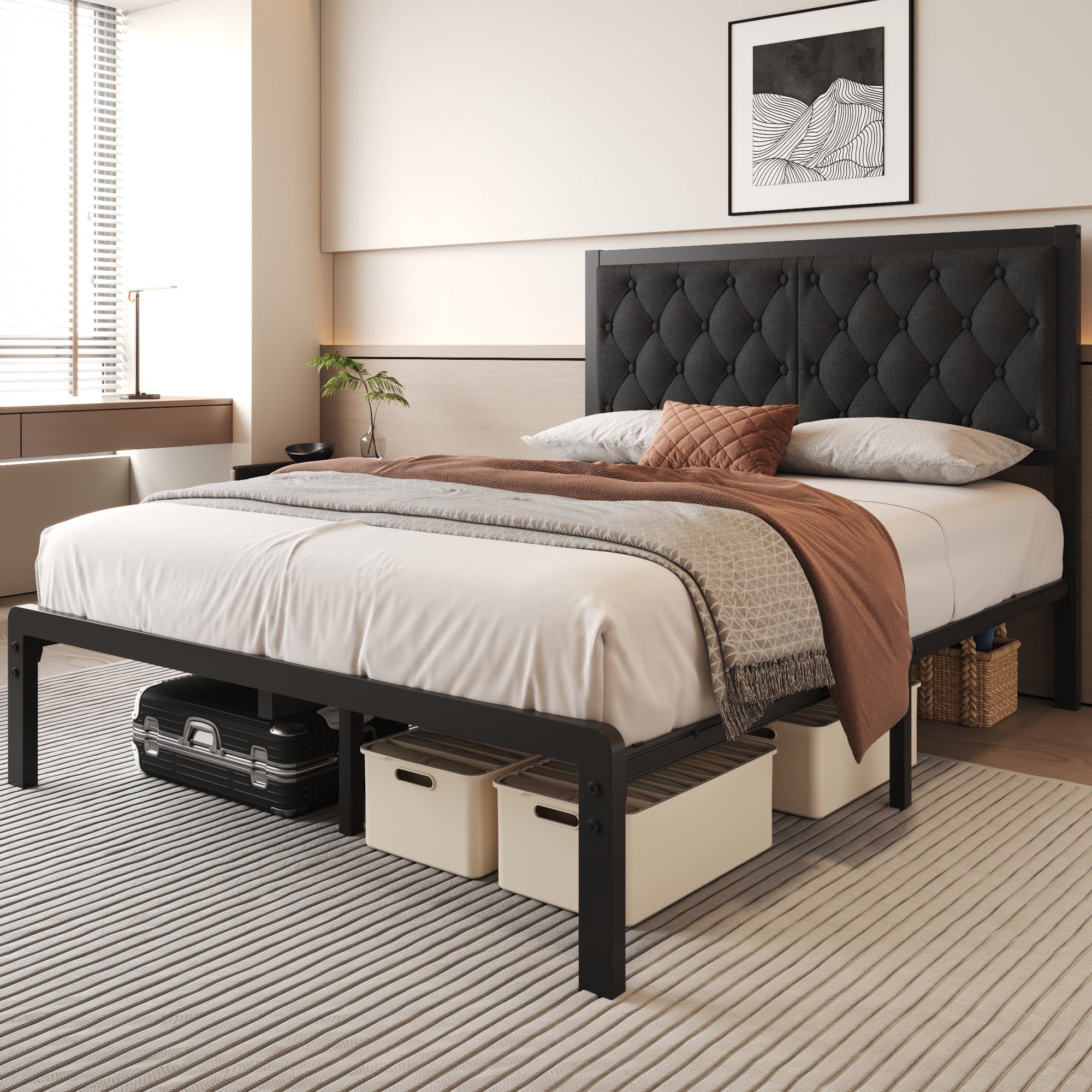 Lifezone Bed Frame with Linen Upholstered Headboard, Queen, Metal Support, No Box Spring Needed, Grey