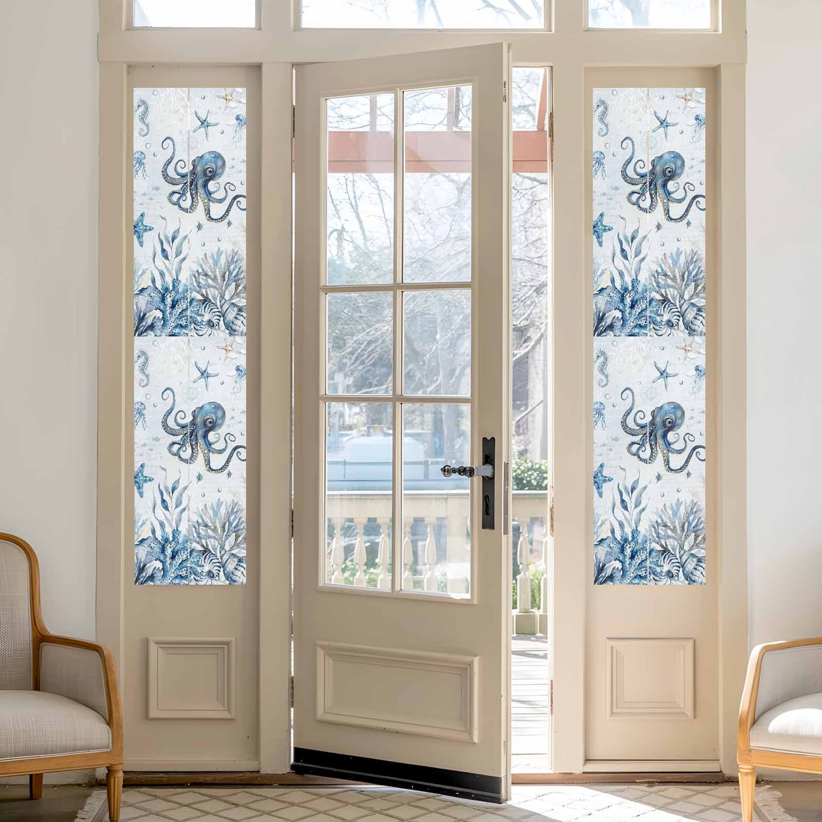 Blue Marine Life Window Privacy Film, Ocean Octopus Coral Sea Star Seashell Jellyfish Coastal Frosted Glass Window Clings Static Cling UV Heat Blocking Reusable Sticker for Bedroom 17.7x78.7 Inch