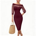 thumbnail image 4 of Ayolanni Crew Neck Fall Dresses Bodycon 3/4 Sleeve Mesh Solid Maxi Cocktail Dress Wedding Guest Elegant Party Sundress Red XXL, 4 of 5