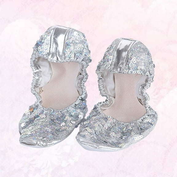 COSMOBETTY 1 Pair Dance Shoes For Women Silver Pu Leather With Round Plate And Stretch Cord Fit
