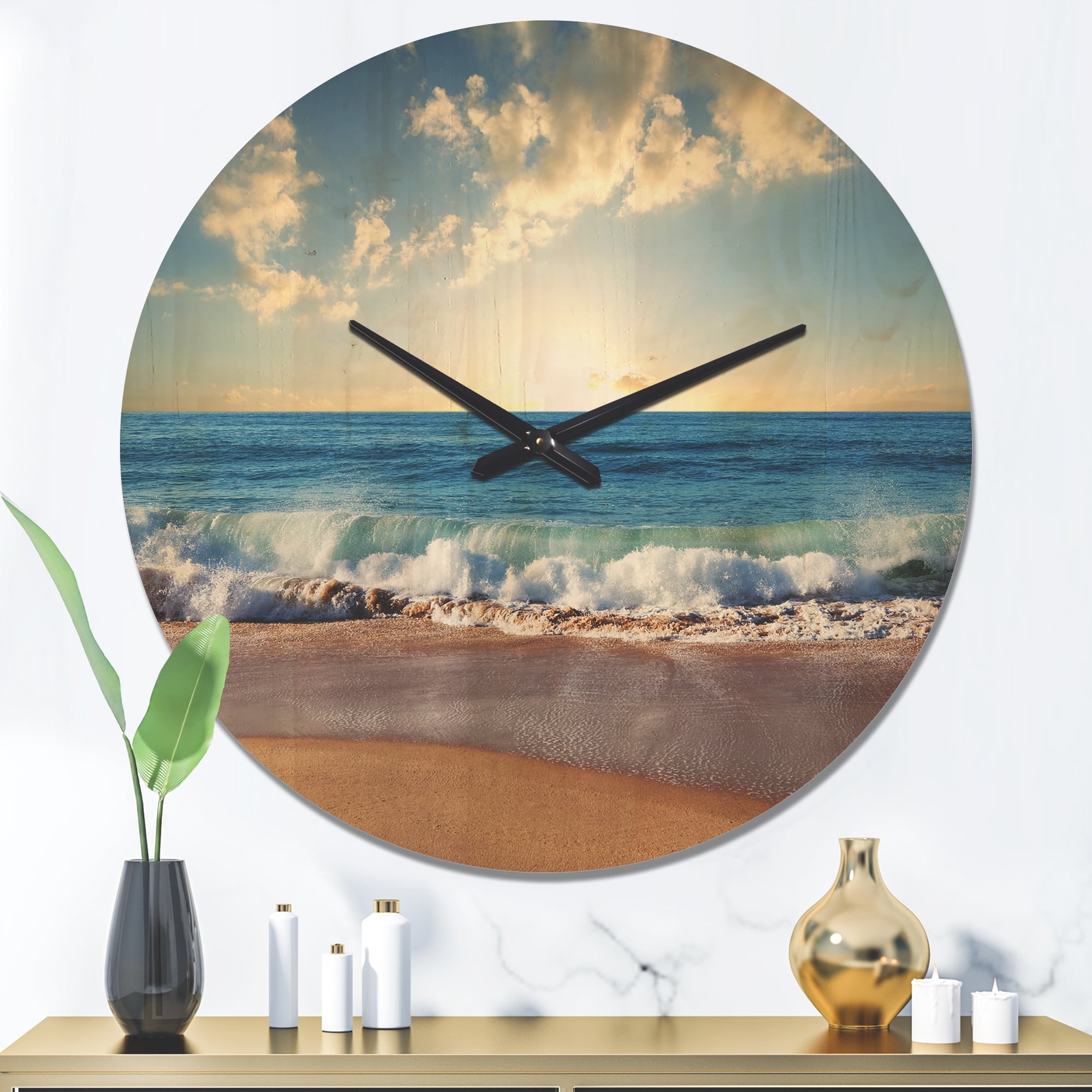 Designart 'Sea Beach Sunset ' Modern Wood Wall Clock