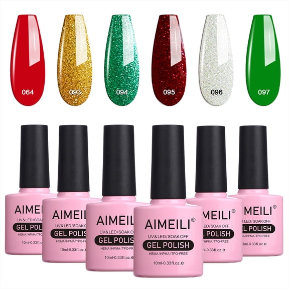 AIMEILI Christmas Gel Nail Polish Soak off U V LED Sparkle Red Green Clear Glitter Gel Nail Polish for Christmas Nail Art Gift Kit Set of 6pcs x 10ml- Kit Set 26
