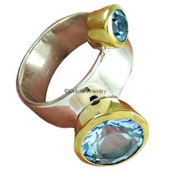 Blue Topaz Gemstone Band Ring, Family Gifts, Statement Ring, Handmade Jewelry For Women, Multi Stone Stackable Stacking Ring, Mothers Day Gifts, Two Tone Ring (blue-topaz, Size 7)
