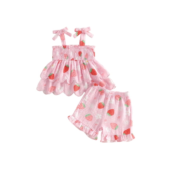BemeyourBBs Toddler Baby Girls Strawberry Outfit Infant Baby Girl Summer Clothes Cute Strawberry Floral Print Strap Sleeveless Smocked Tank Vest Tops and Ruffled Shorts Set