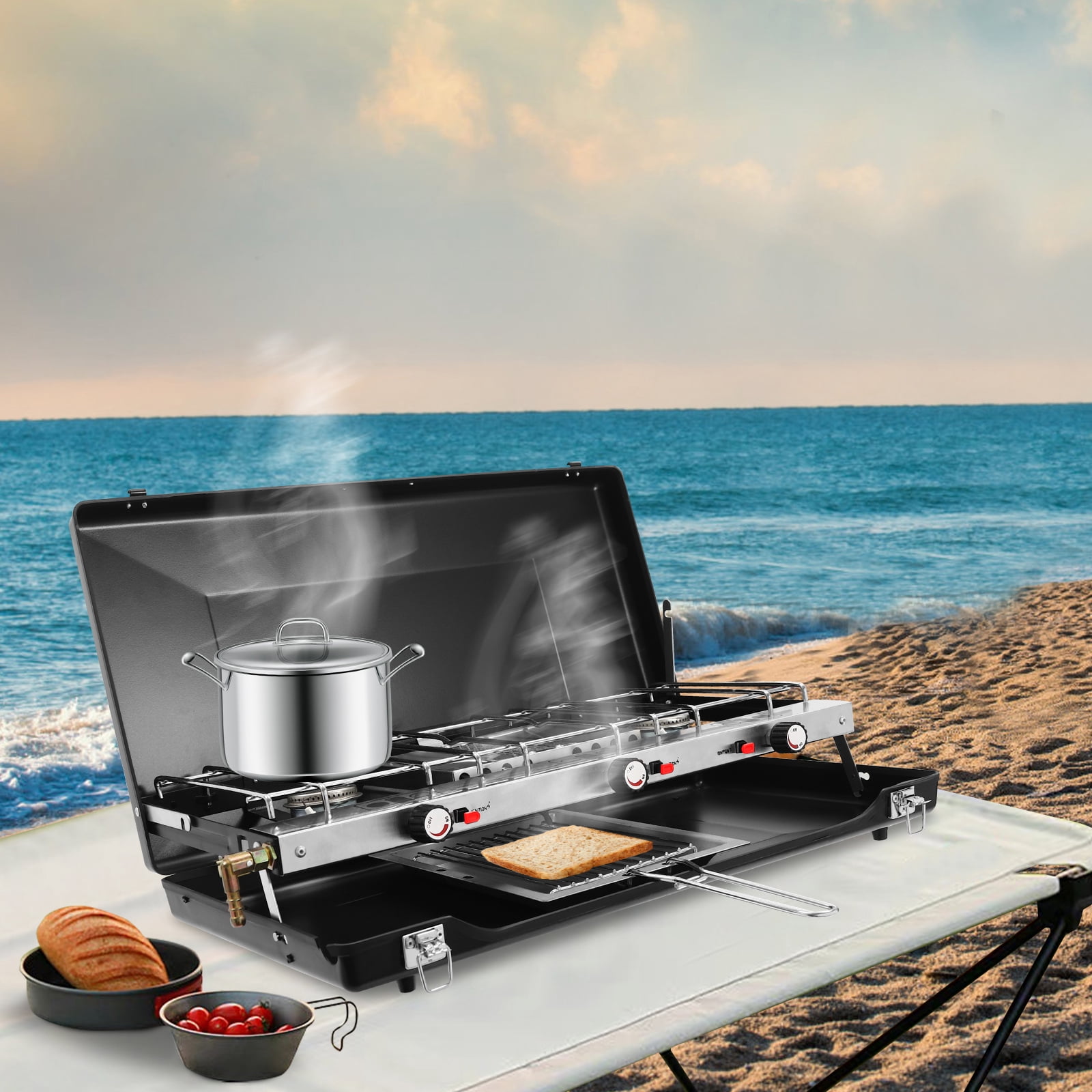Miumaeov 3-Burner Gas Camping Stove, 4500W Portable Outdoor Stove with Adjustable Flame, Foldable Design & Piezo Ignition, No Assembly Required