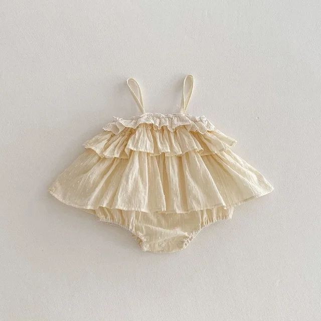Ropa de verano para niñas de 0 a 2 años, mono con tirantes bonitos de encaje en capas, camisola para niños pequeños, falda de una pieza para bebé 2025