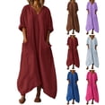 thumbnail image 2 of Womens 3/4 Sleeve Baggy Linen Maxi Dresses, Loose V Neck Summer Swing Wedding Guests Beach Dresses with Pockets, 2 of 7