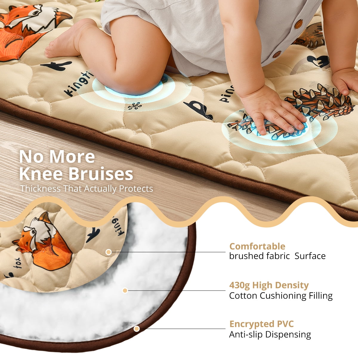 Baby Play Mat, Caveen Thicken Soft Cotton Baby Playmats, Foldable Anti-Slip Floor Crawling Playmat Playpen Mat for Infants and Toddlers, 50"x50", Brown