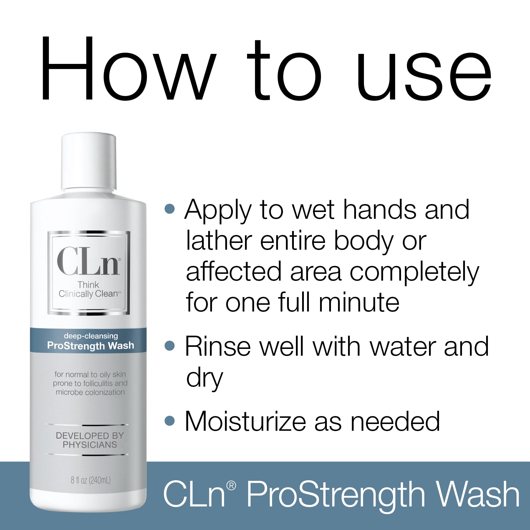 CLn ProStrength Wash, 8 fl oz, Salicylic Acid Body Wash for Oily & Acne Prone Skin, Fragrance Free Cleanser