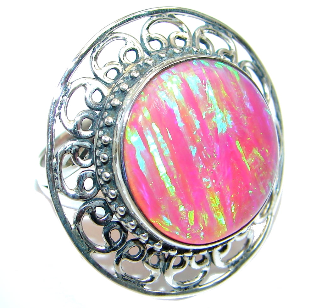 Pink Lab created Fire Opal Sterling Silver Ring size adjustable by SilverRush Style by