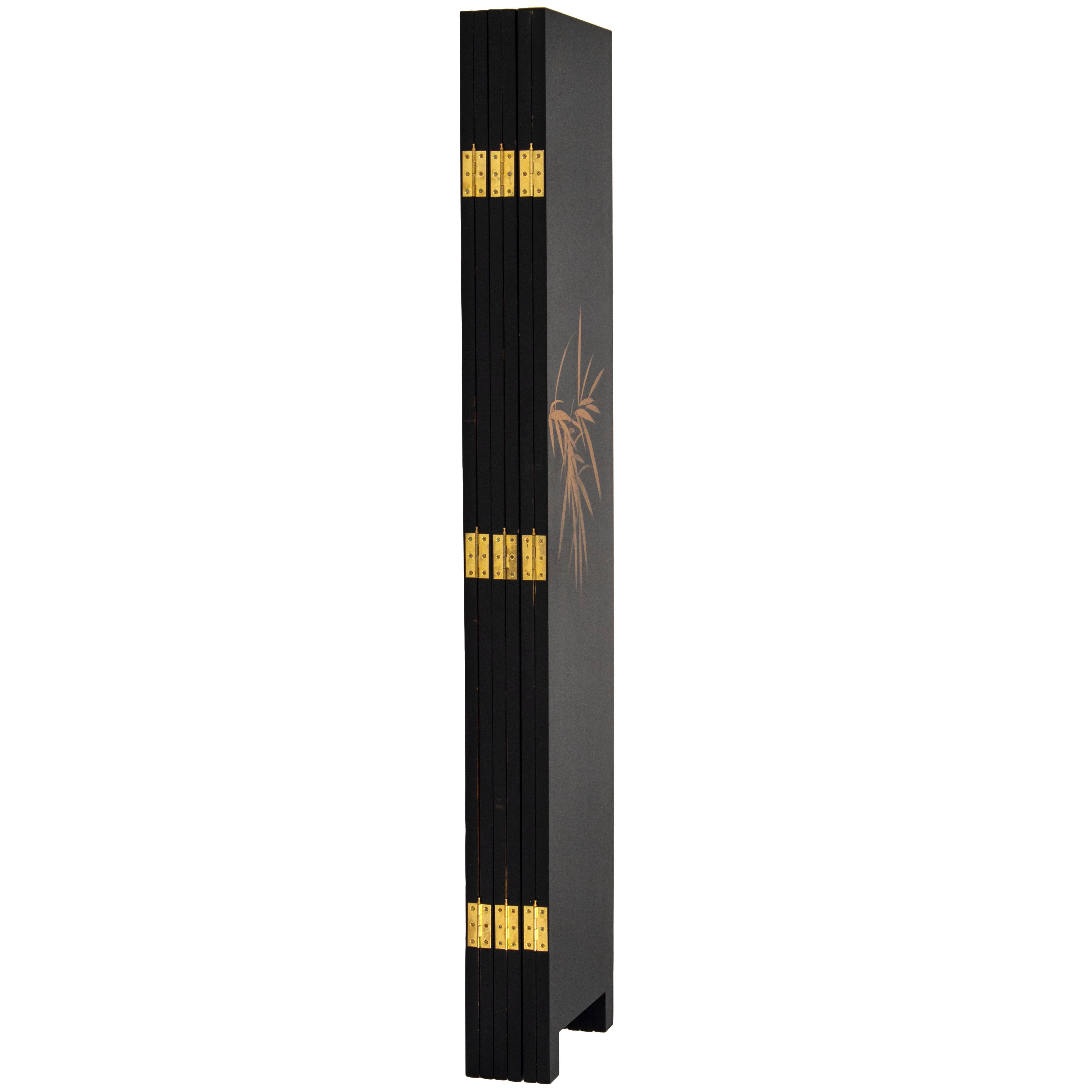 Red Lantern 6 ft. Hand-Painted Folding Room Divider, Black Lacquer, Free Standing