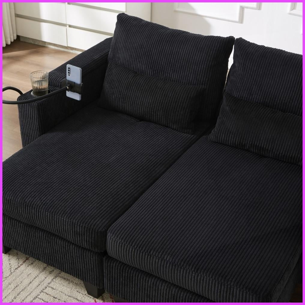 63” Convertible Corduroy Loveseat Sofa Bed with USB Ports & Cup Holders – Modern Compact Design for Living Room/Bedroom, Black