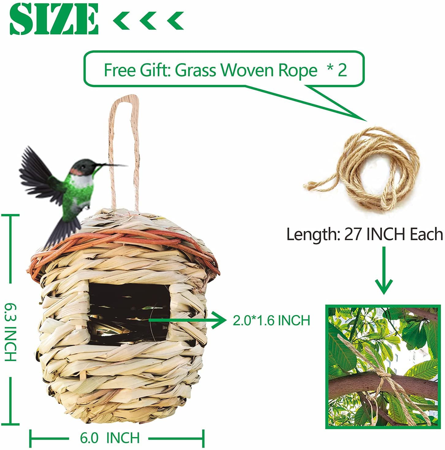 2Pcs Bird Nest Hanging Small Birdhouse Hut Wild Grass Weave for Canary Finch 