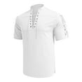 thumbnail image 2 of RYRJJ Men's Cotton Linen Henley Shirts Short Sleeve Casual Lace-Up Banded Collar Shirt Summer Beach Hippie T Shirts Vacation Tops(White,M), 2 of 4
