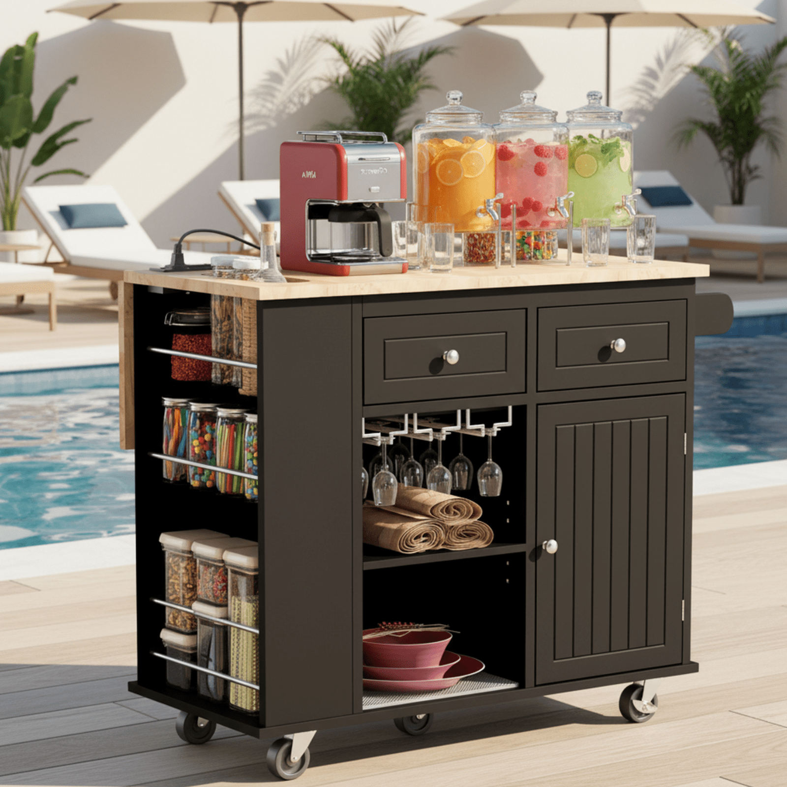 Homy Casa Kitchen Serving Cart with Power Outlet, Wine Rack & Storage Shelves, Rolling Serving Cart
