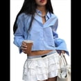 thumbnail image 3 of Camisas con Botones para Mujer, Blusas Casuales de Larga con Solapa y Bolsillo en el Pecho. Azul S, 3 of 9
