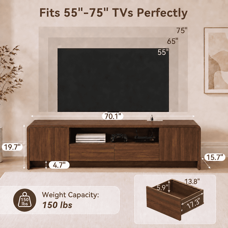 Lacoo 70 Inch TV Stand for 55-75 Inch TVs, Entertainment Center with 2 Drawers and Storage Cabinets, Media Console for Living Room , Walnut