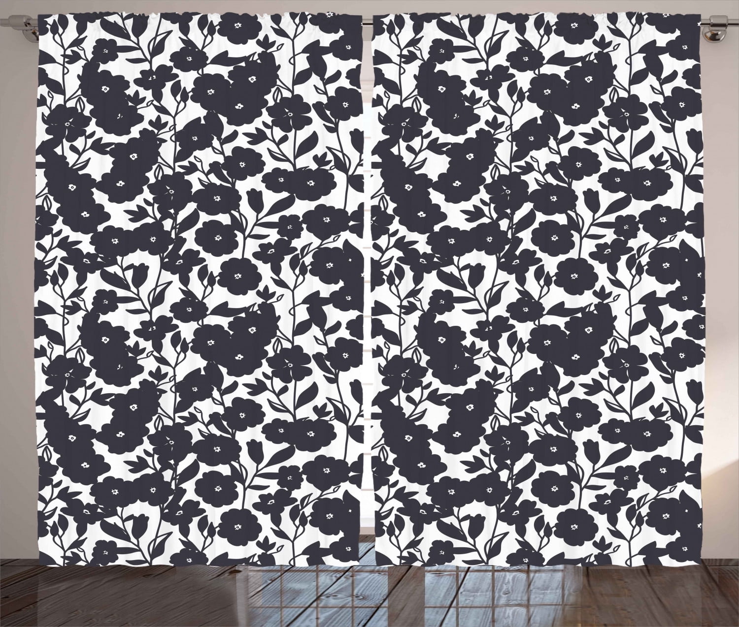 Floral Curtains 2 Panels Set, Dark Charcoal Black Gardening Flowers