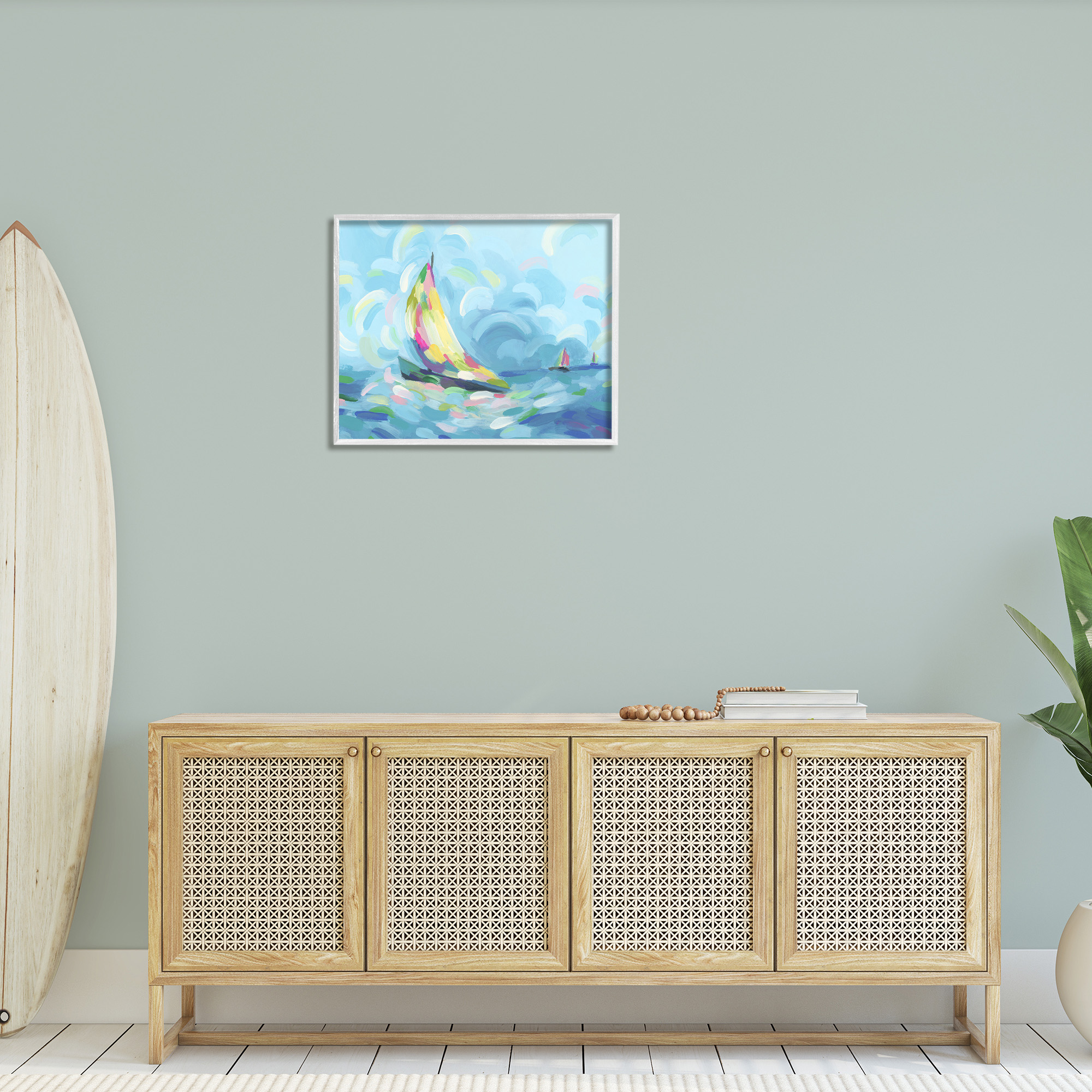 Stupell Industries Abstract Sailboat Scenery Nature Painting White Framed Art Print Wall Art, 30 x 24