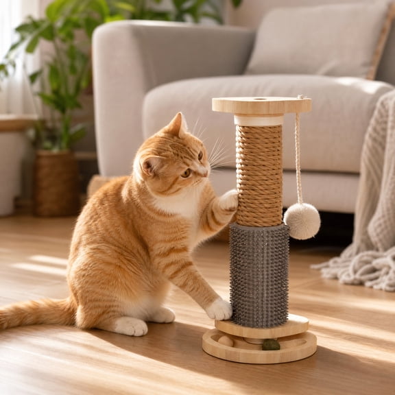 Byndra Cat Sisal Scratching Post, Wood Base Claw Care Stand with Hanging Toy, 14.96 Inch Cat Scratcher for Cage, Rest Area, Indoor Activity Corner Setup