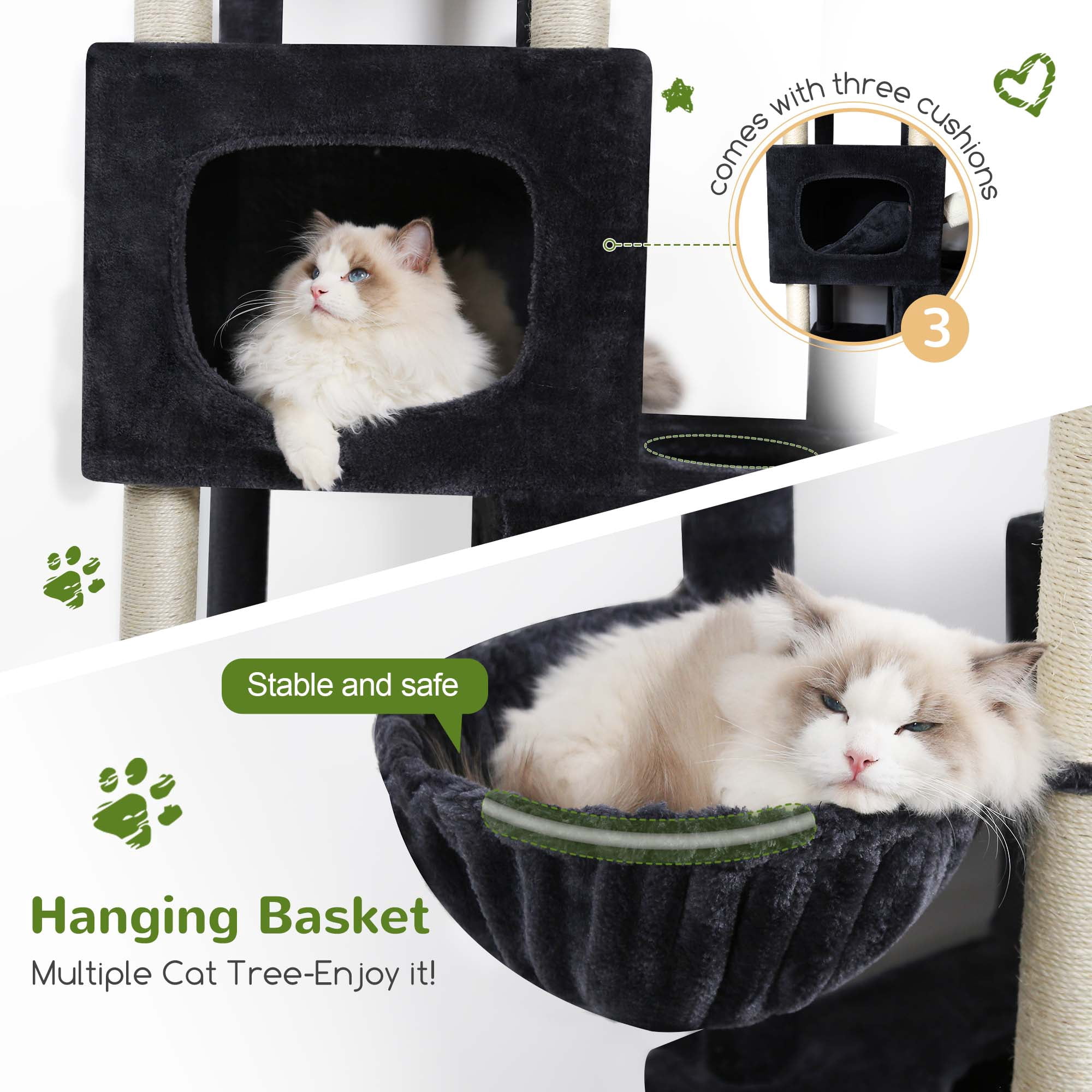 Globlazer Big Cat Tree Tower，85in Multi-Level Tall Cat Tree Tower Indoor for Multiple Adult Cats with Scratching Post, 3 Perches, 3 Condos, 2 Hanging Basket, S85,Dark Gray