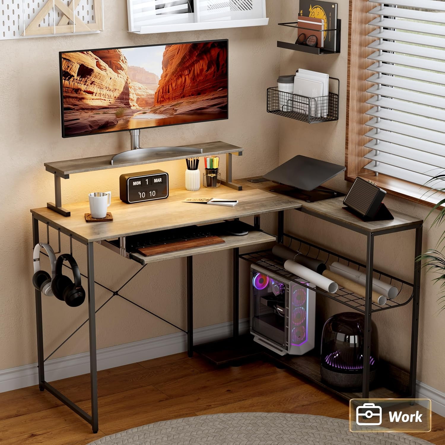 FANRAL L Shaped Computer Gaming Desk with Monitor Stand,LED Light & USB Power Outlet,Reversible Shelves Corner Desk with Keyboard Tray for Home Office Study,Gray Computer Desk