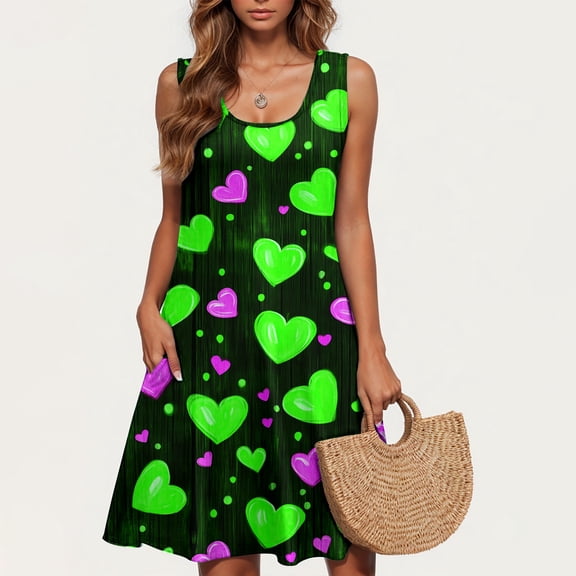 Homenesgenics Summer Dresses for Women under $10 Valentine's Day Women Casual Plus Size Sleeveless Crew Neck Print Short Dress Green XXL